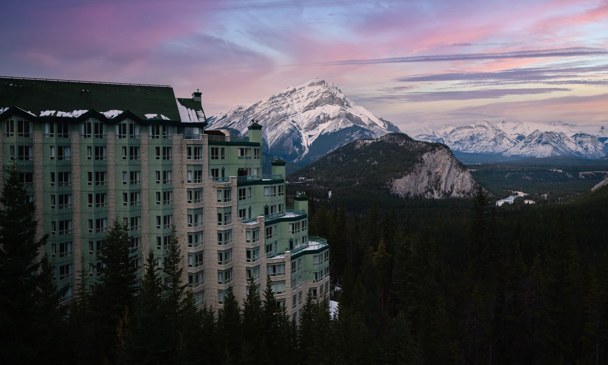 View from the Rimrock Hotel in Banff with Cascade Mountain and Tunnel Mountain.