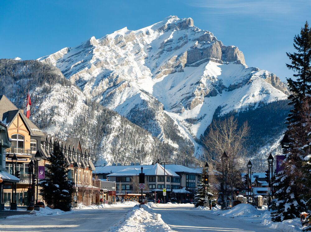 A view of Cascade Mountain from Banff Avenue in winter