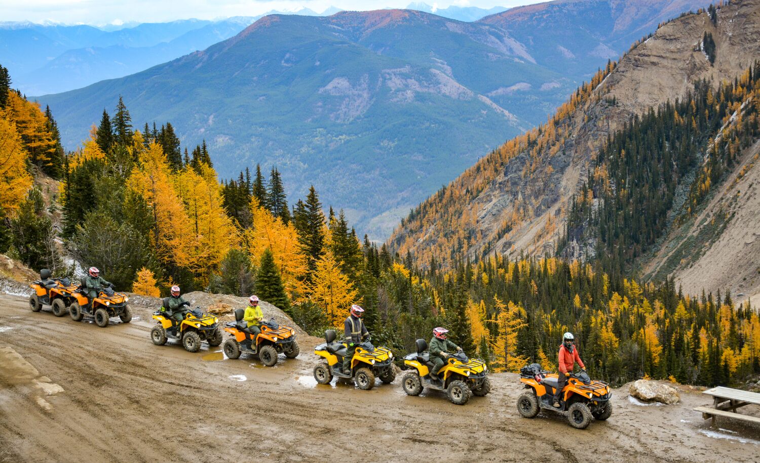 People on a guided ATV tour in the Canadian Rocky Mountains, a popular thing to do in September