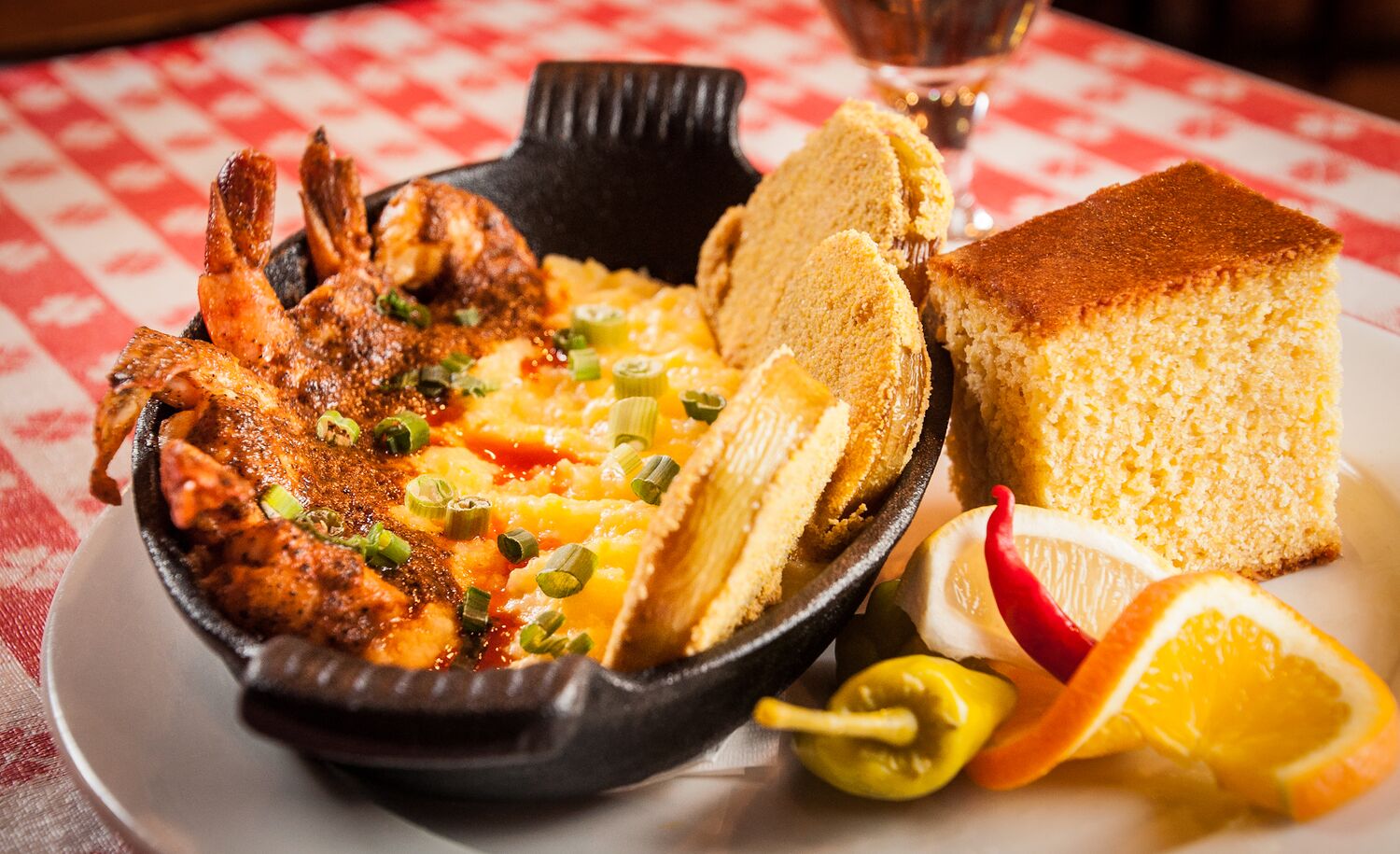 A shrimp dish on a checkered table cloth at Tooloulou's in Banff.