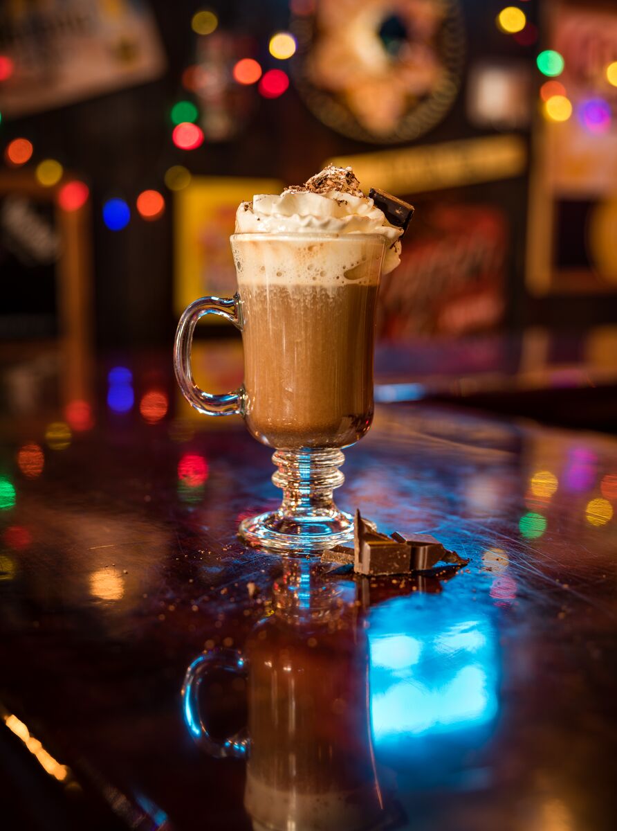 A boozy hot chocolate on a counter at Magpie & Stump.