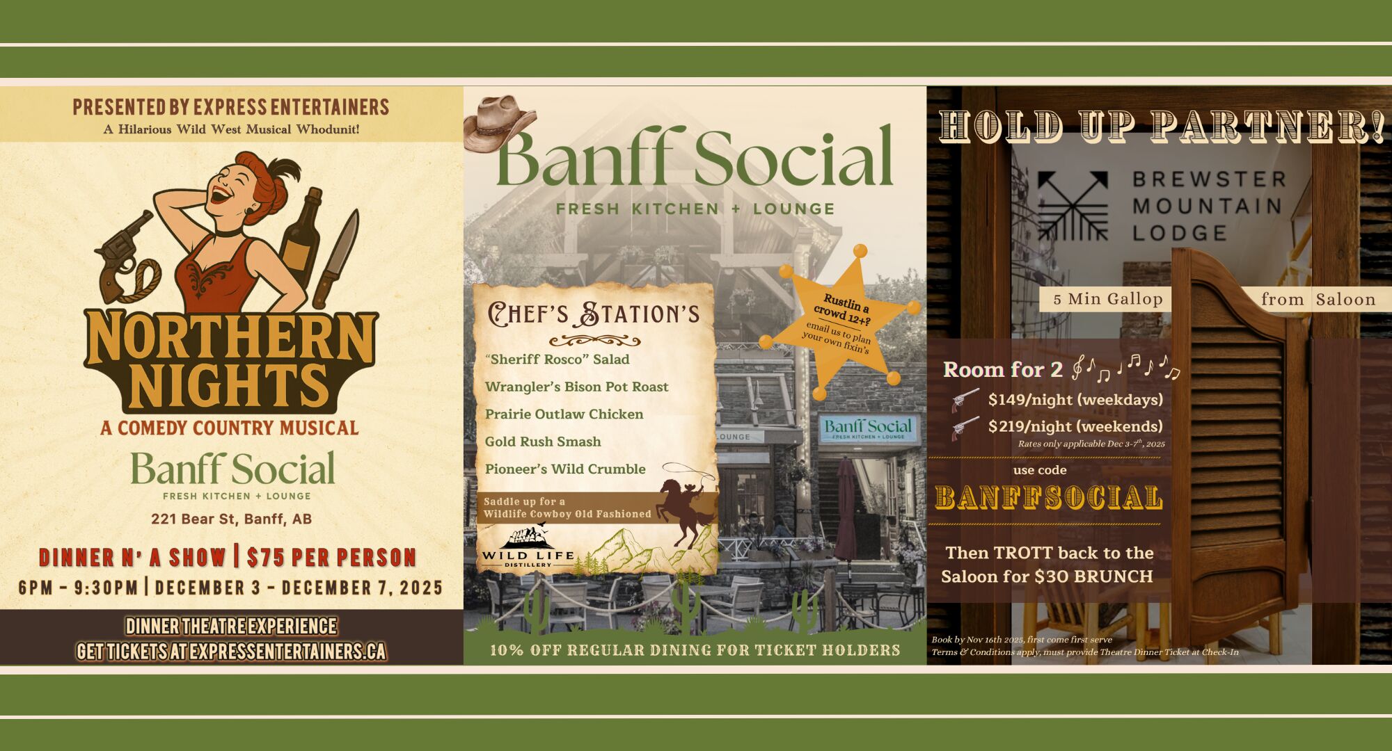Western-themed dinner theatre poster featuring Banff Social’s event details, menu, and partner hotel offer.