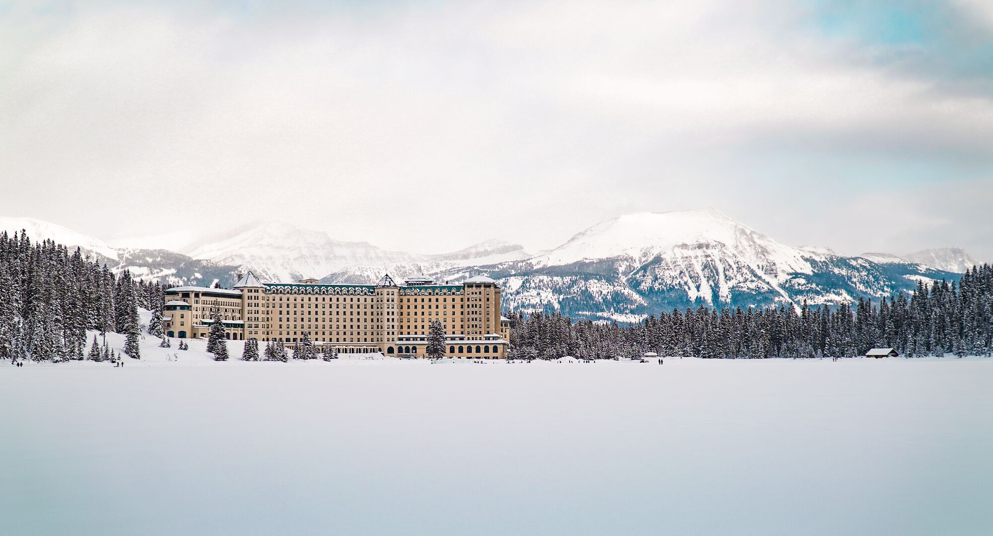 The Fairmont Chateau Lake Louise covered in snow in the winter