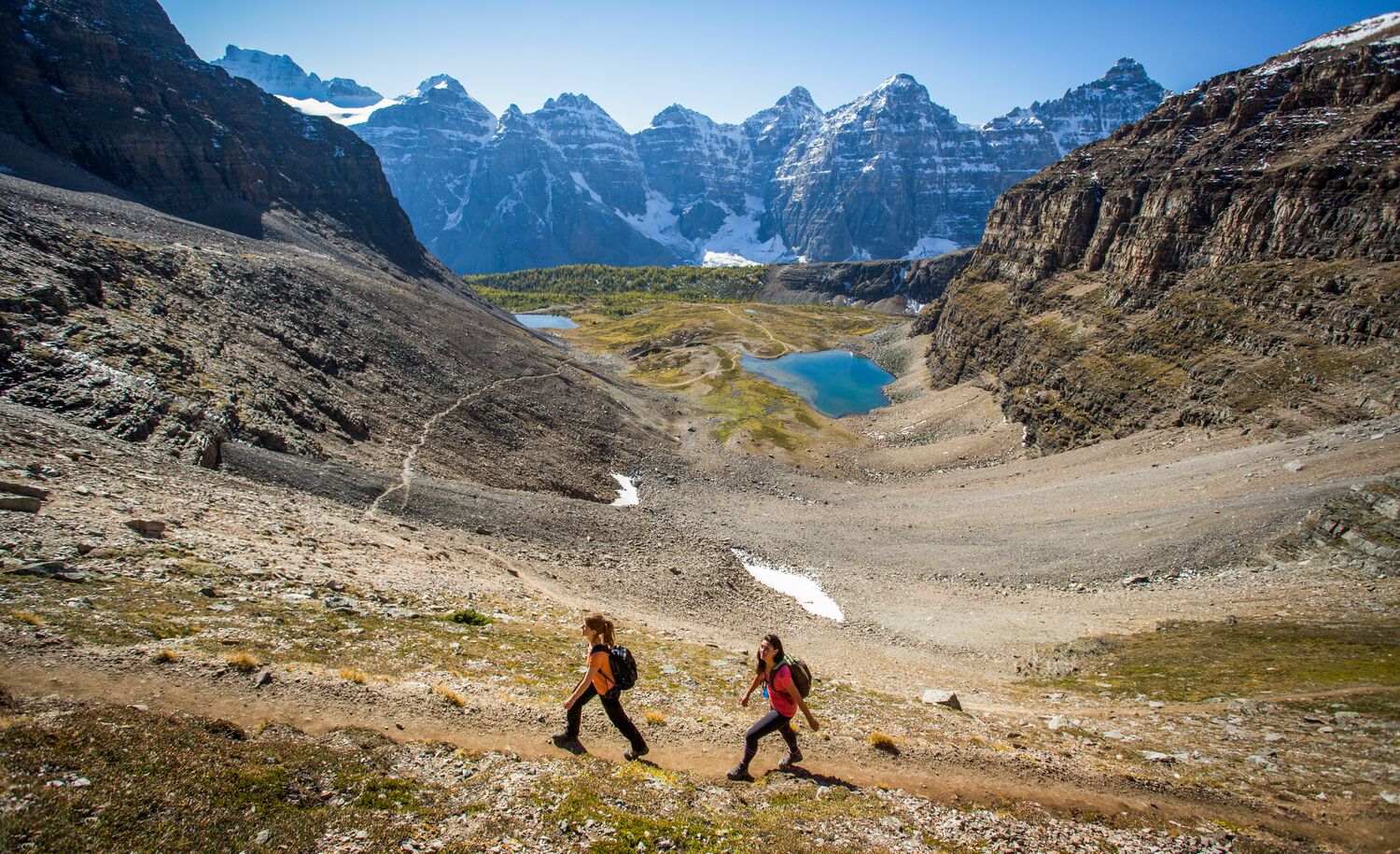 Two people walk up Sentinel Pass in Larch Valley near Moraine Lake on a bluebird day in Banff National Park.