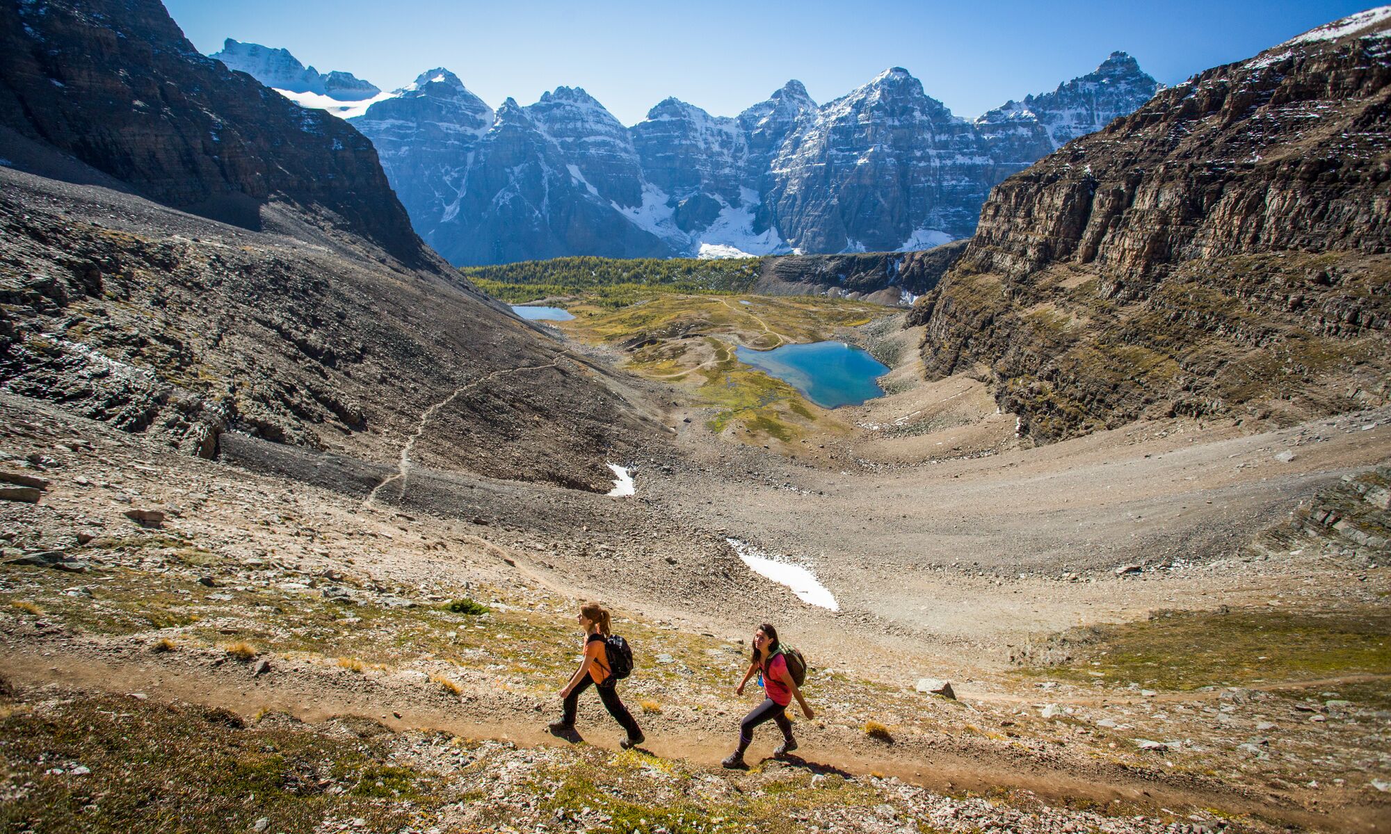 Two people walk up Sentinel Pass in Larch Valley near Moraine Lake on a bluebird day in Banff National Park.
