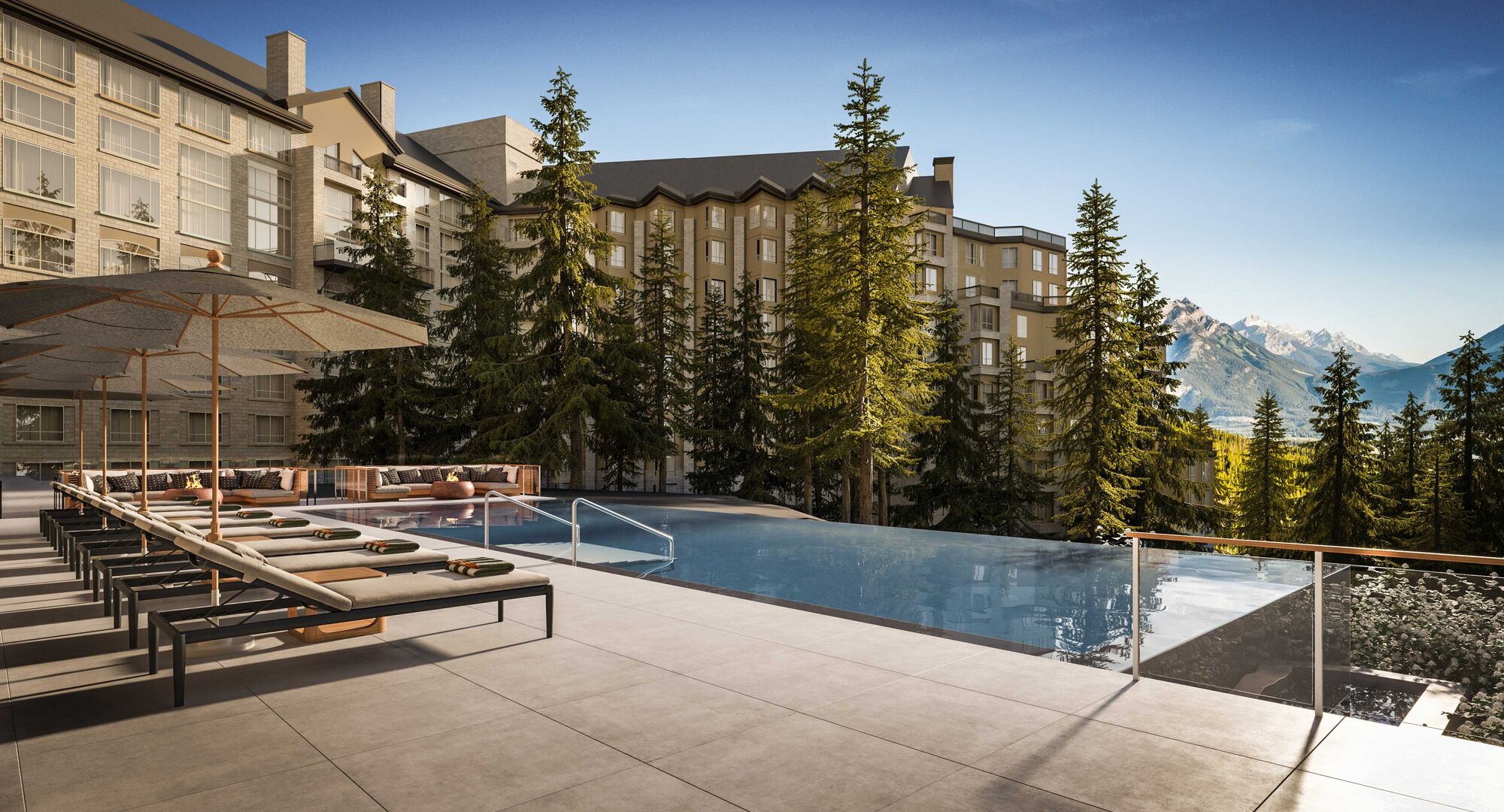 Rendering of Rimrock Banff’s outdoor infinity pool overlooking Banff National Park and the surrounding Rocky Mountains.