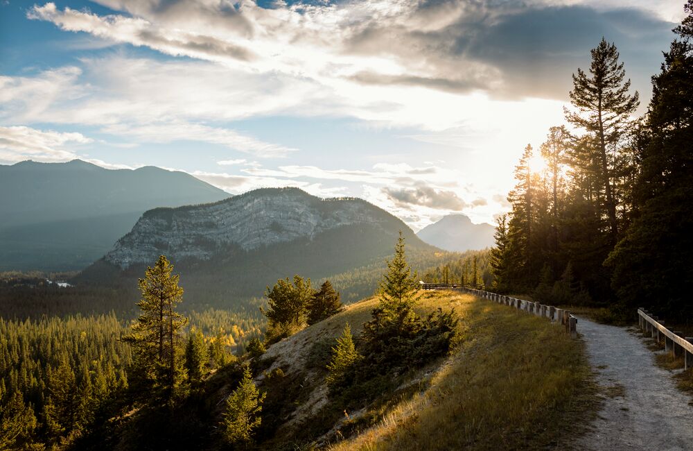 Tunnel Mountain with the Sulphur range in the background on a blue-sky sunny day at golden hour with the sun poking through the trees in Banff National Park.