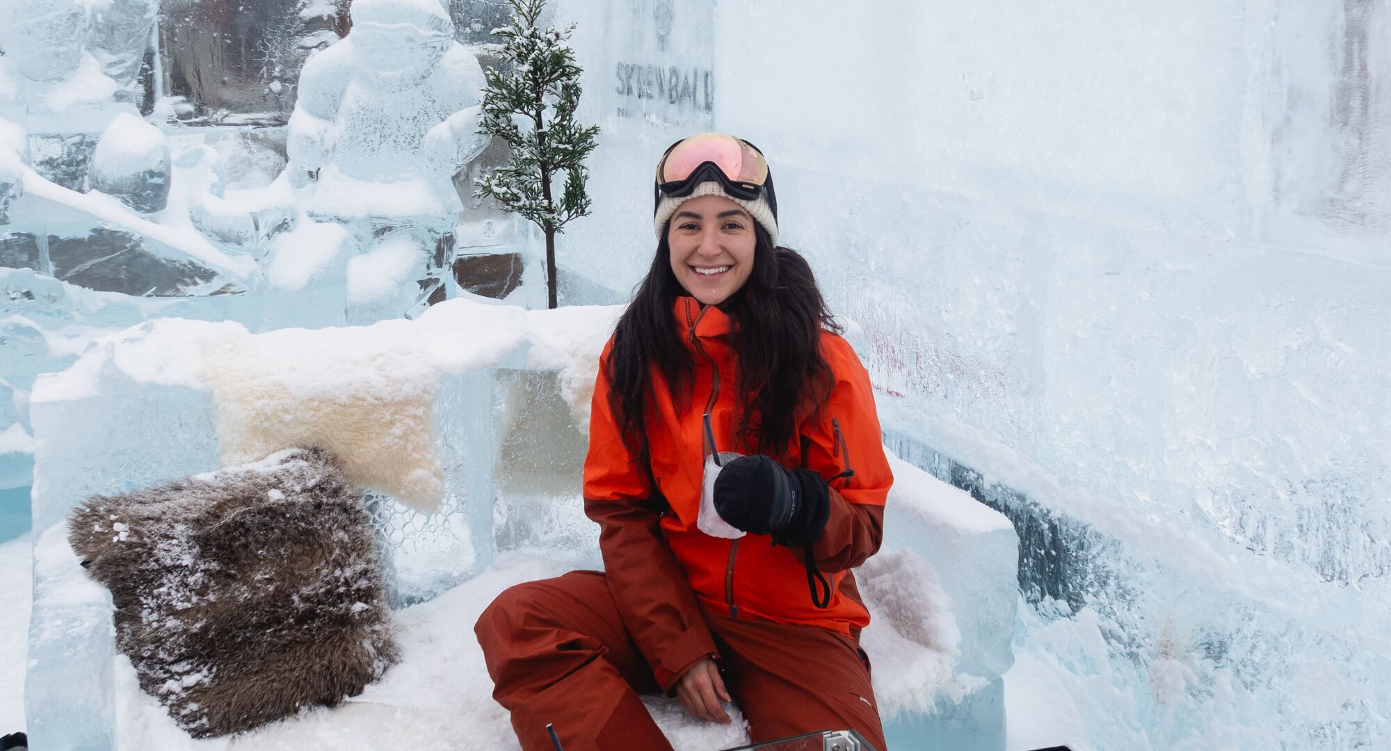 Influencer Angela Liguori enjoying a cocktail at the Ice Bar in Banff and Lake Louise.