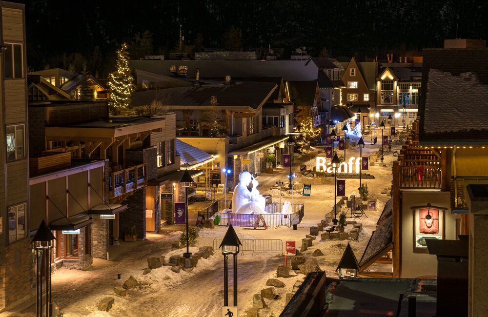 Views of bear street with snow sculptures during the snowdays festival