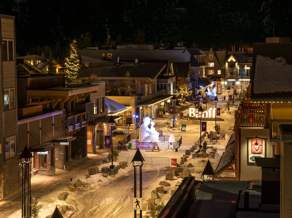 Views of bear street with snow sculptures during the snowdays festival