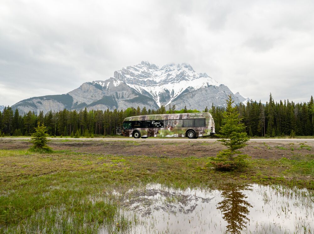 A Roam Transit bus drives on the Lake Minnewanka Loop in Banff National Park with Cascade Mountain in the background and the bus's reflection in a puddle in the grass.