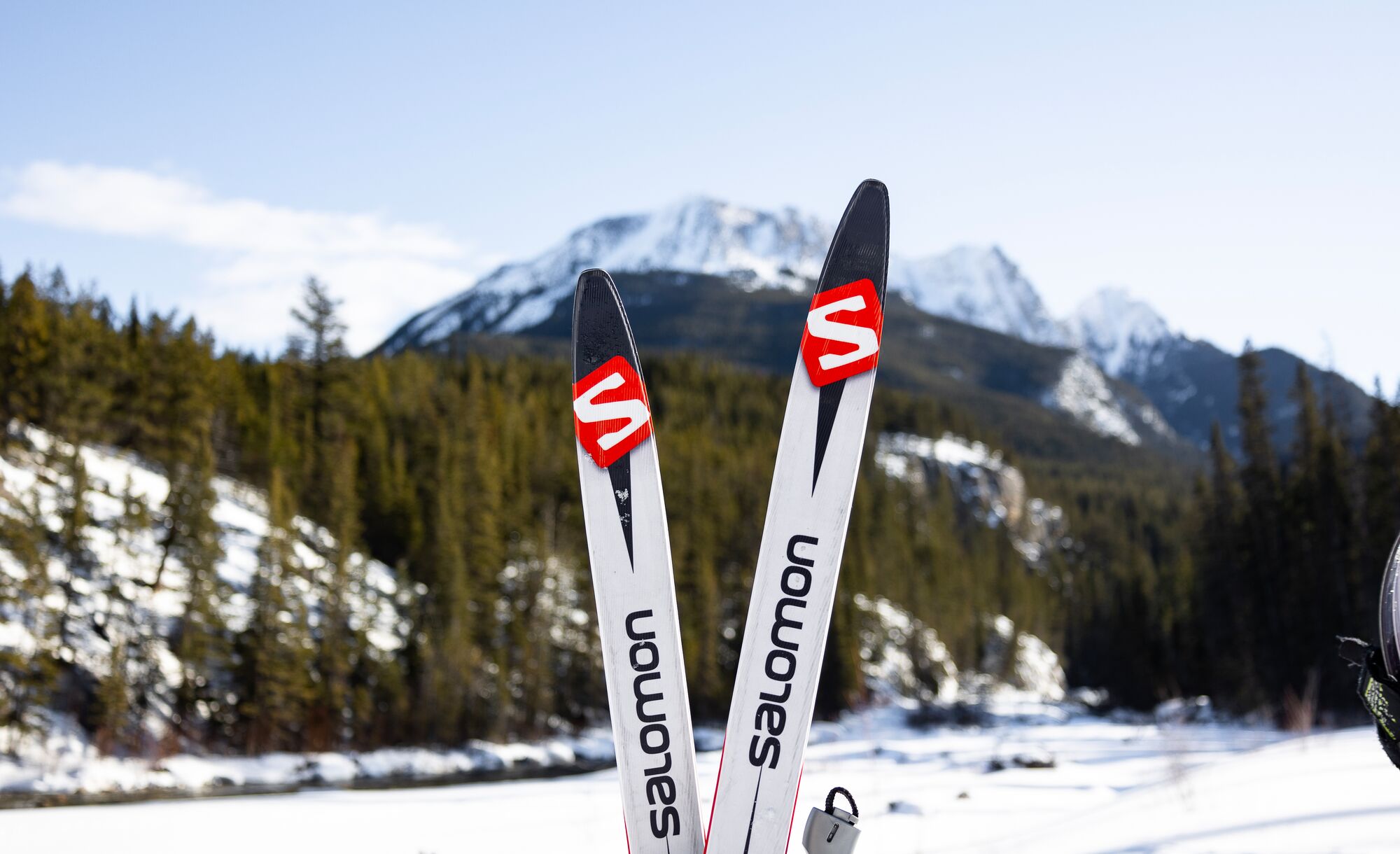 A pair of cross country skis sticking upwards in the snow with a mountain out of focus behind them. 