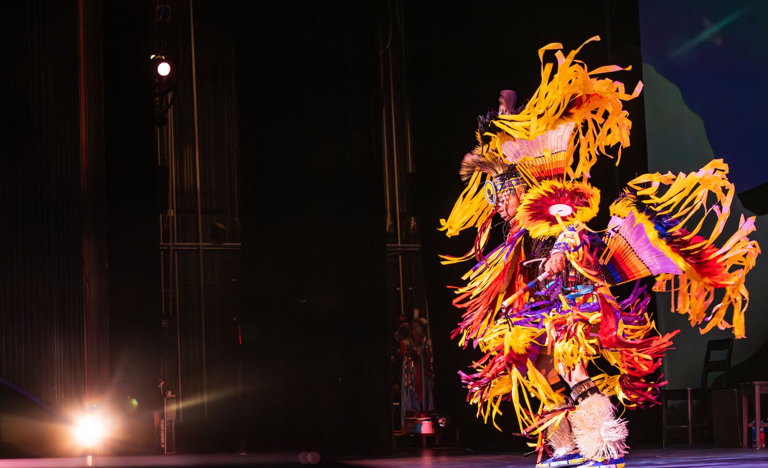 A grass dancer performing at the Banff Center for arts and creativity.