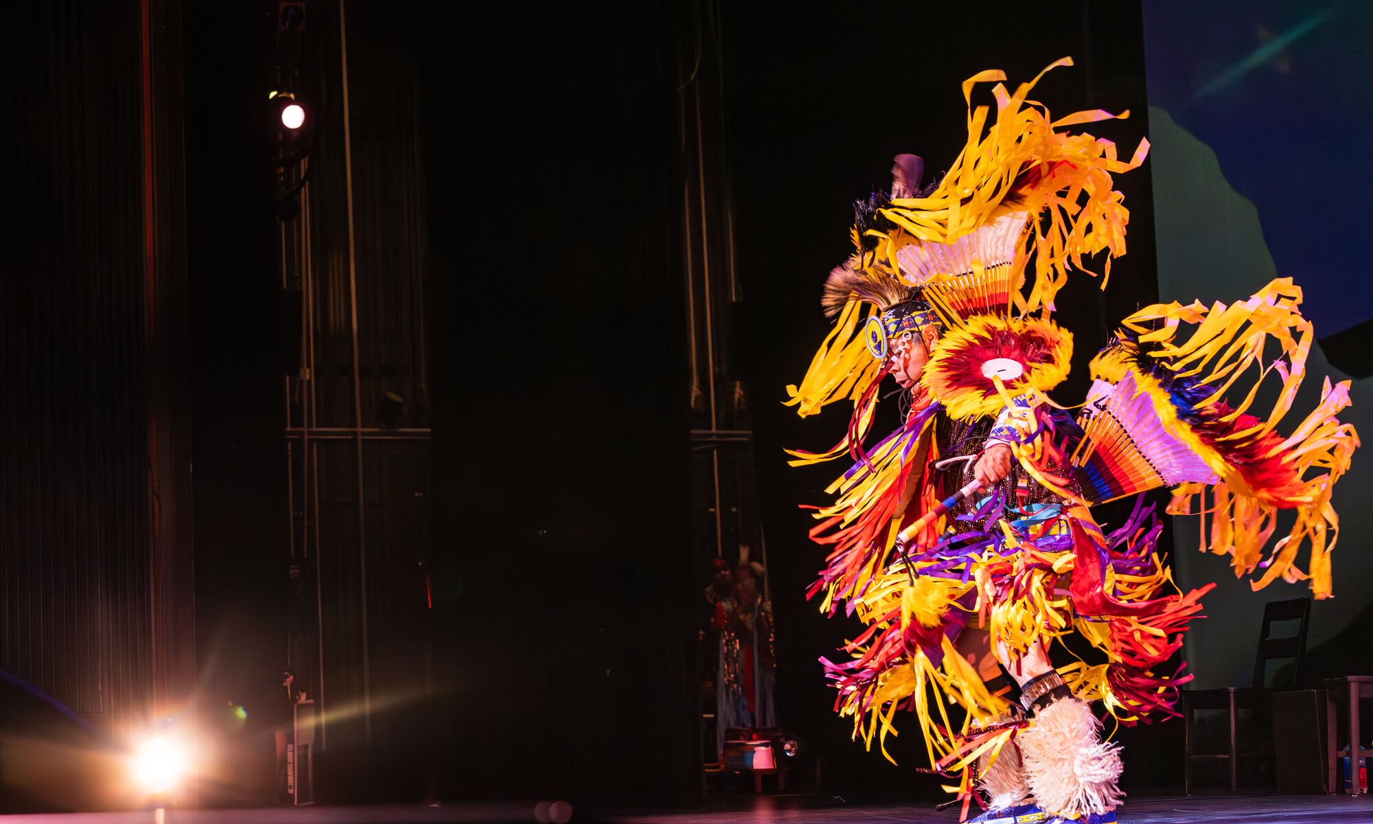 A grass dancer performing at the Banff Center for arts and creativity.