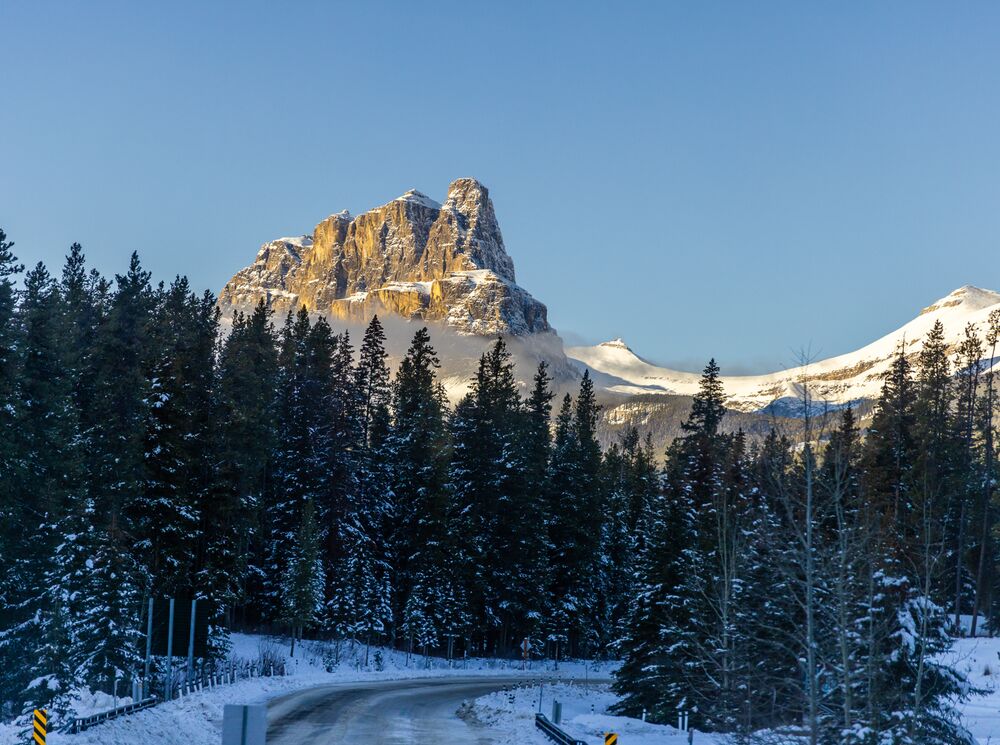 Castle Mountain in the snow in Banff National Park.