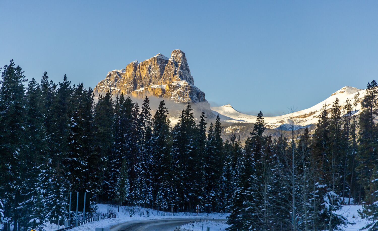 Castle Mountain in the snow in Banff National Park.