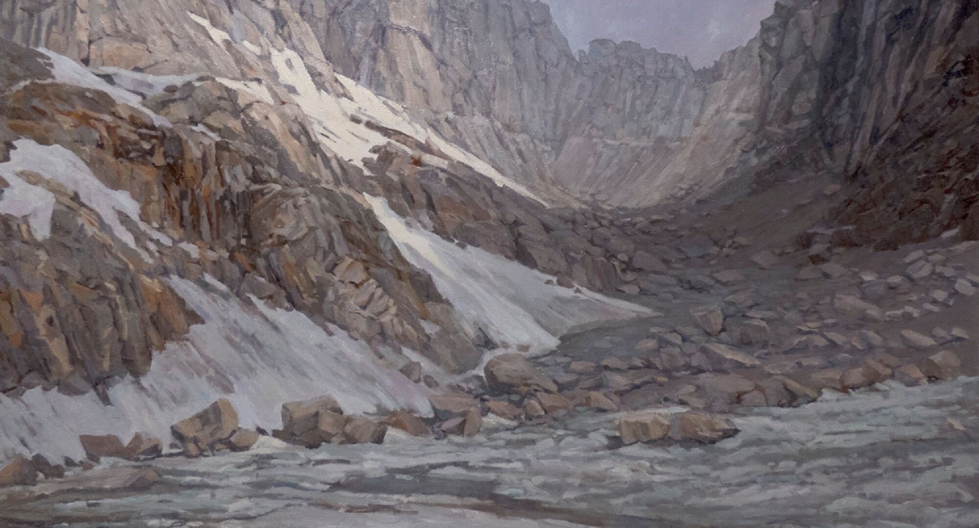 Georgina Perkins Hunt, Melting Off Kickoff Trail Glacier (25.6), 2025, oil on canvas, 36 x 48 inches (91.5 x 122 cm), framed.