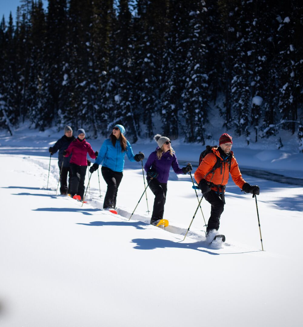 Friends snowshoeing in the sun