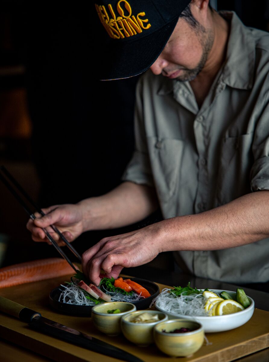 A chef makes sushi at hello sunshine in Banff National Park