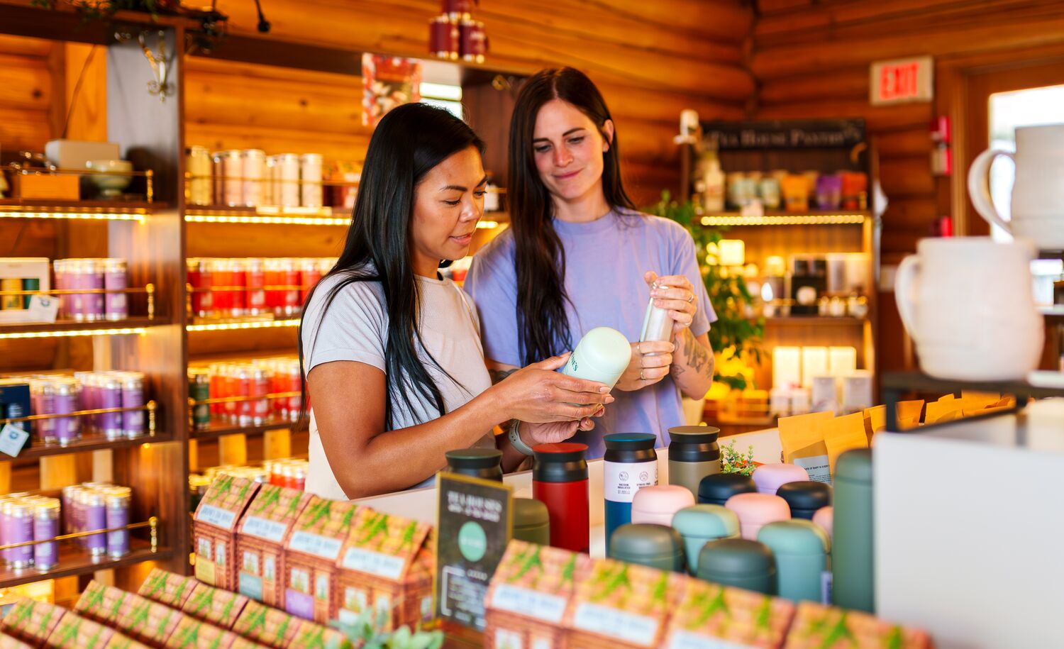 Two women shopping for tea in Banff National Park