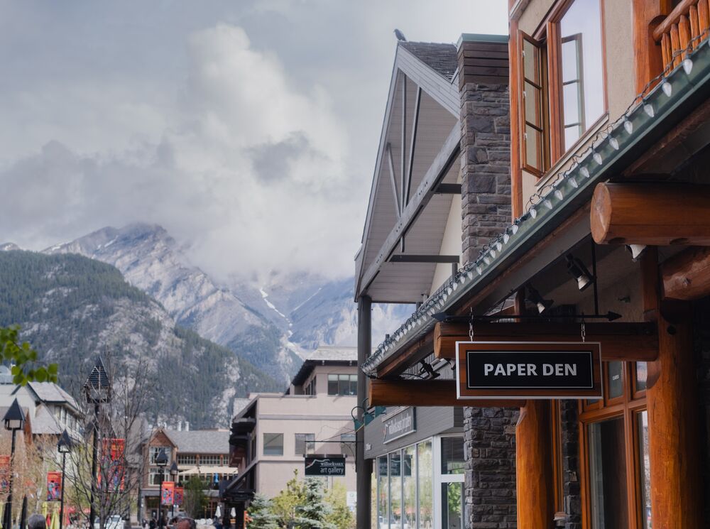 The outside of the Paper Den in Banff.