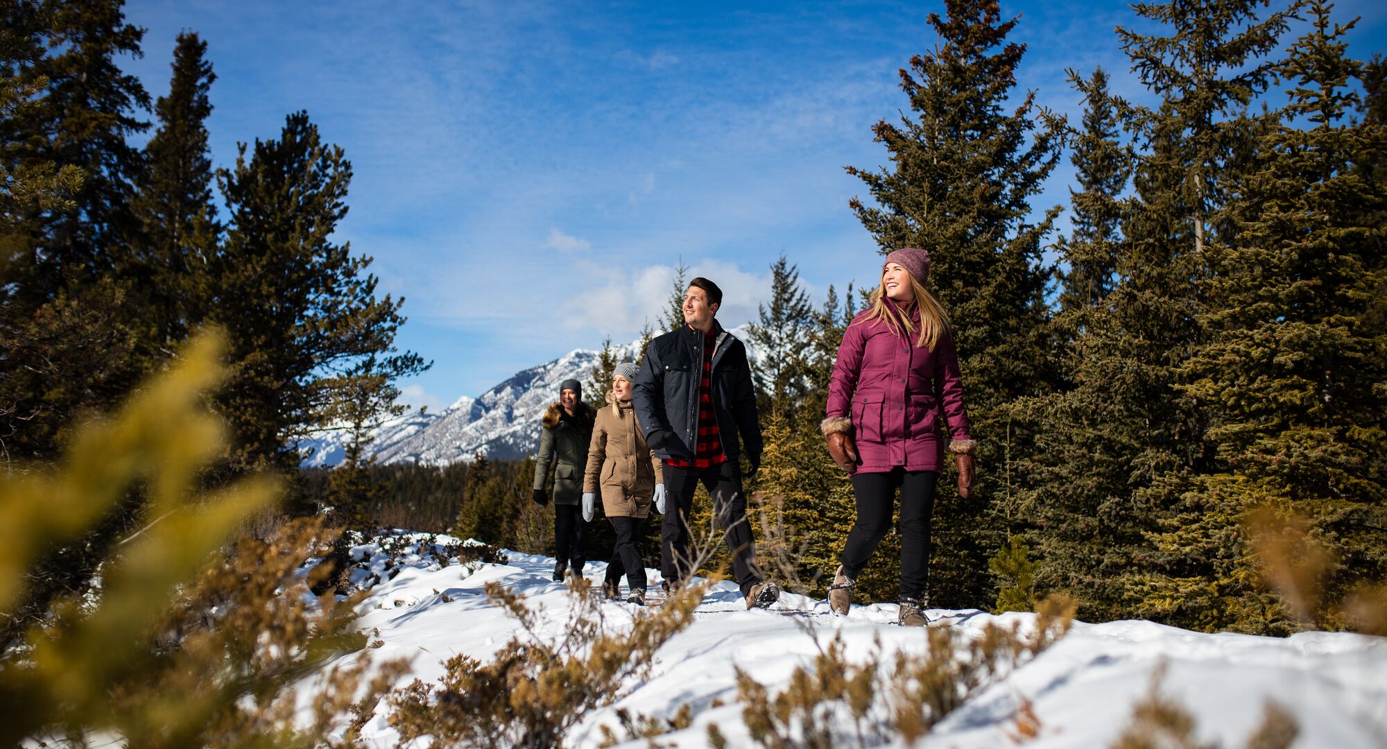 Group of four friends hiking the hoodoos trail in the winter in Banff National Park