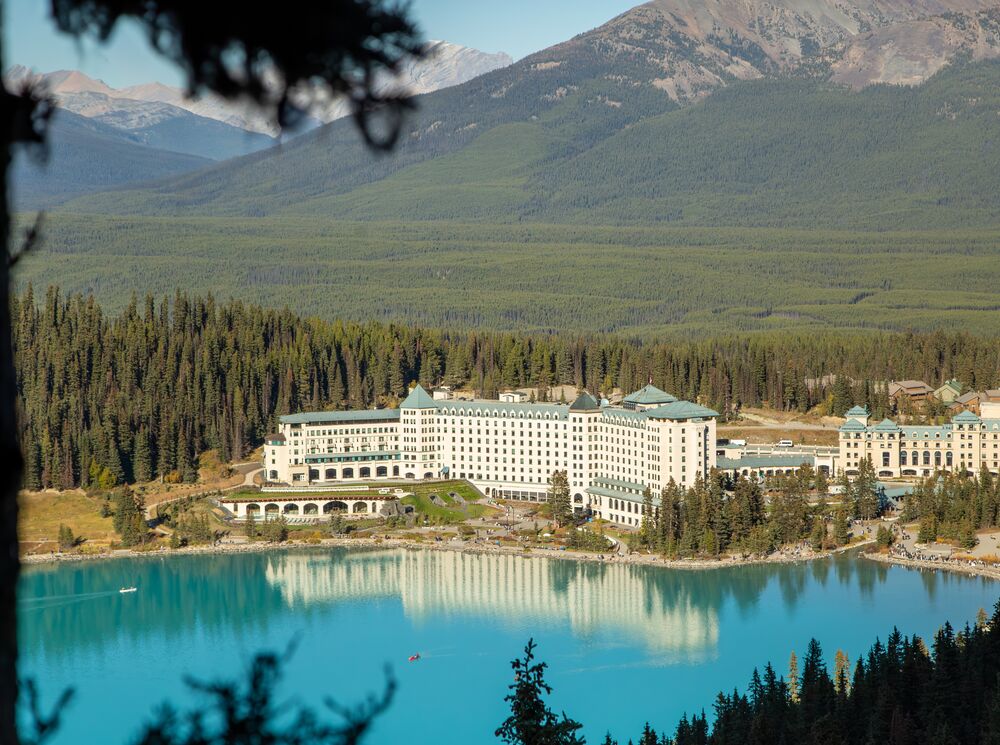 The Fairmont Chateau Lake Louise as seen from Fairview Lookout in Banff National Park.