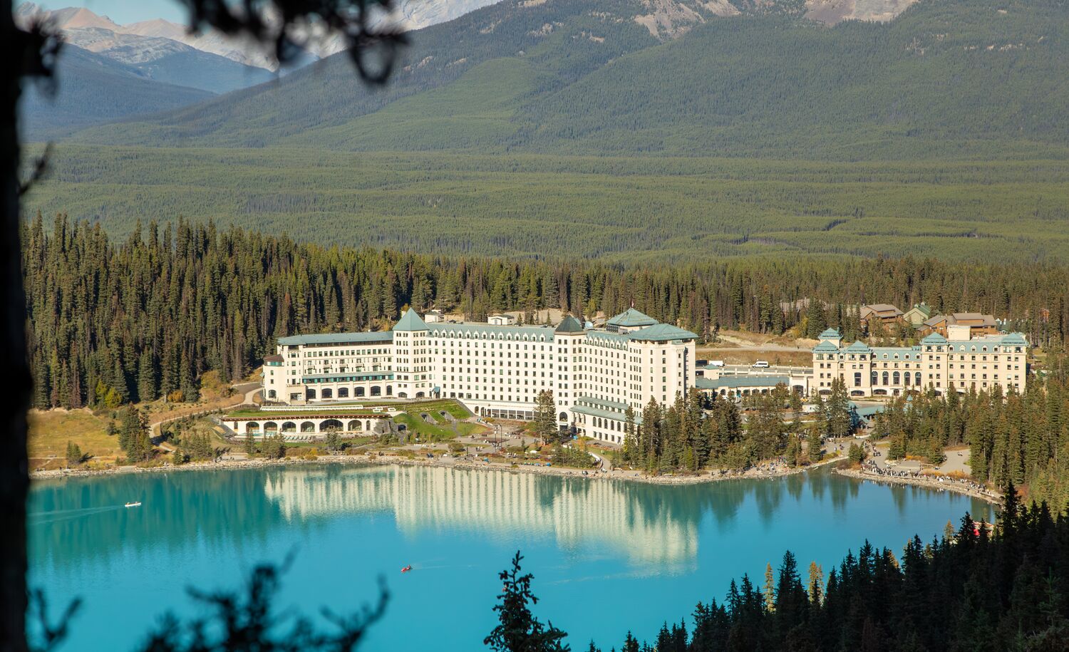 The Fairmont Chateau Lake Louise as seen from Fairview Lookout in Banff National Park.