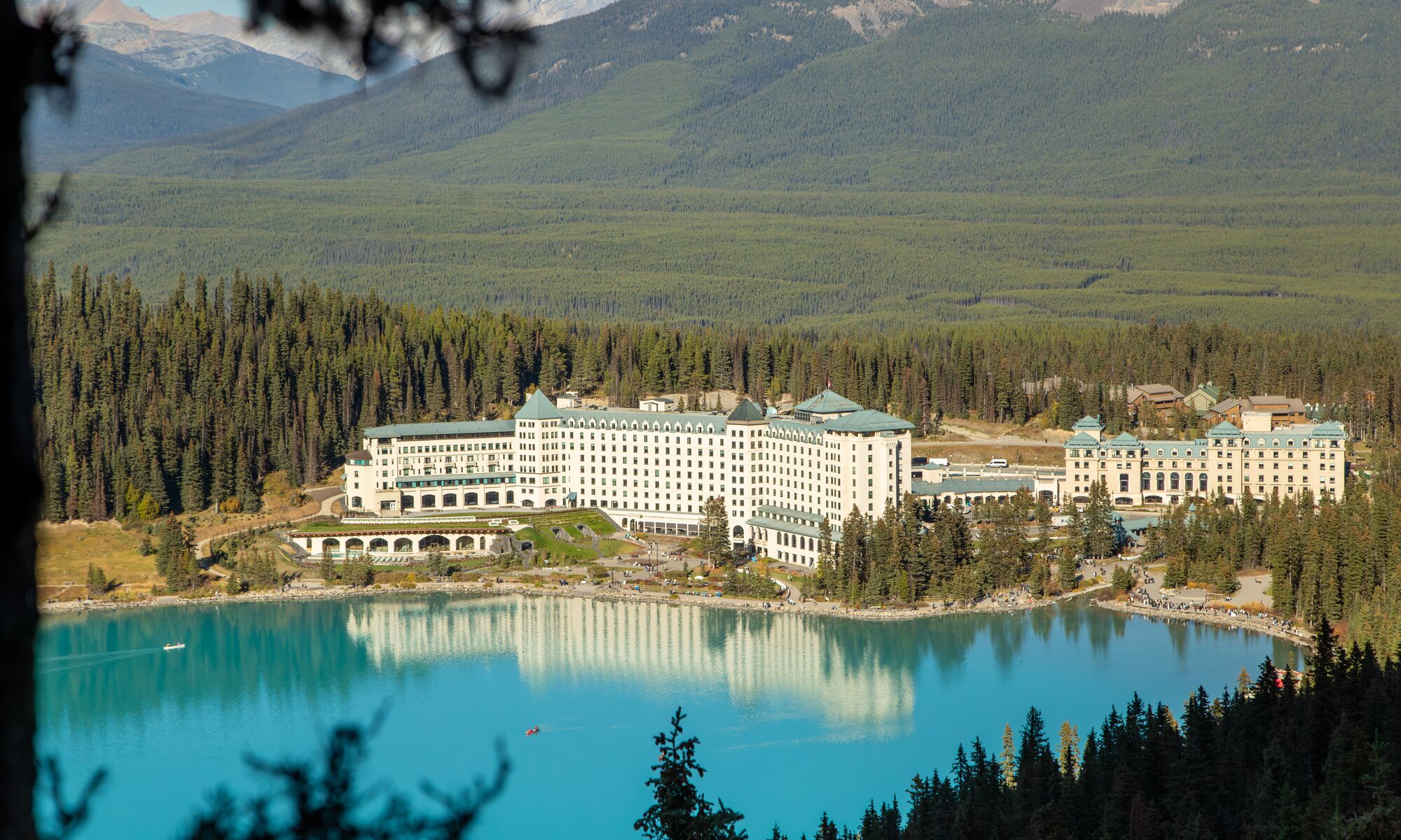 The Fairmont Chateau Lake Louise as seen from Fairview Lookout in Banff National Park.
