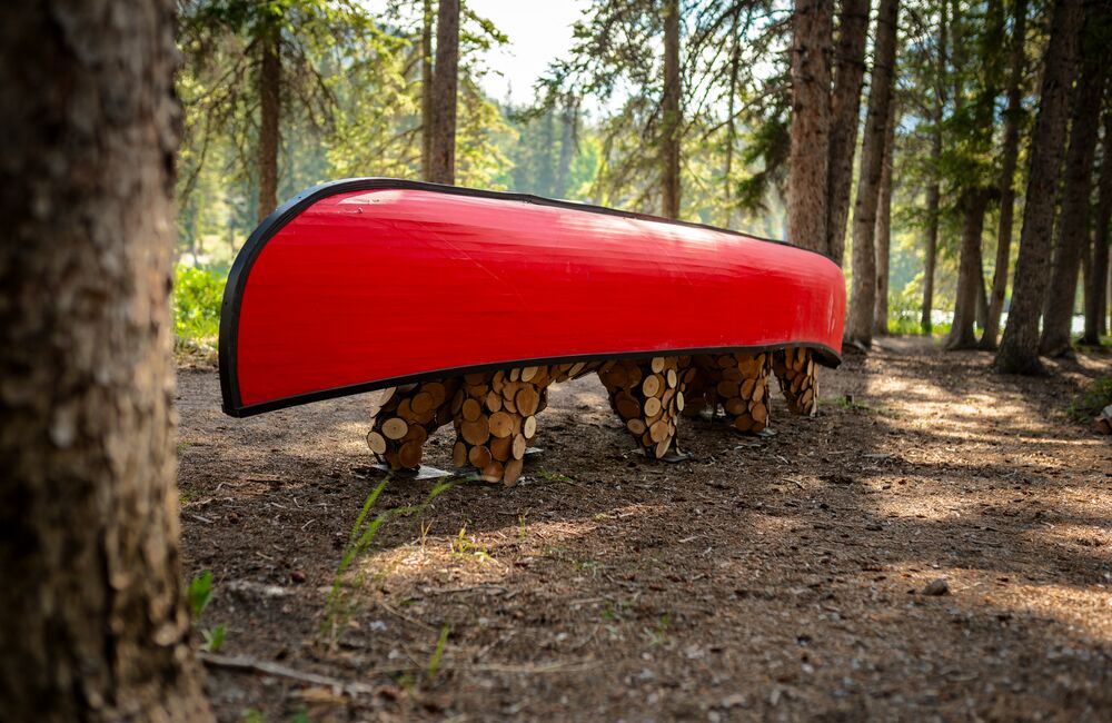 Art is displayed on the Bow River Trail in Banff National Park on the Art in Nature Trail.