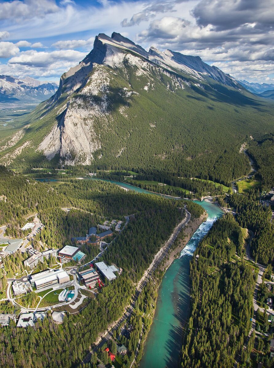 View of Banff townsite looking down from above in the summer