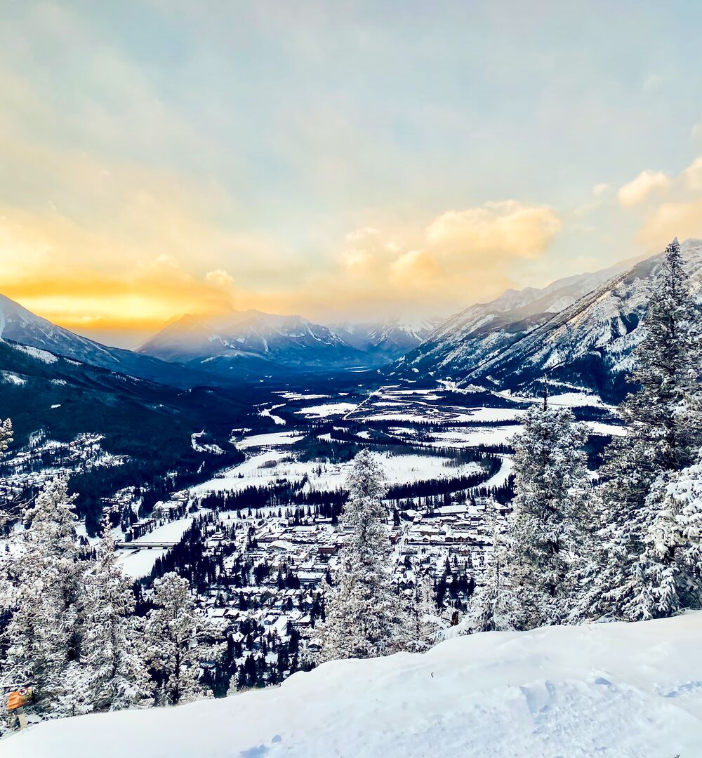 The view from the top of Tunnel Mountain at sunset in Banff National Park.