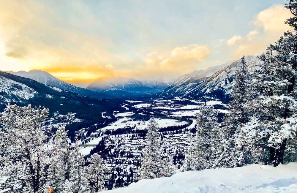 The view from the top of Tunnel Mountain at sunset in Banff National Park.