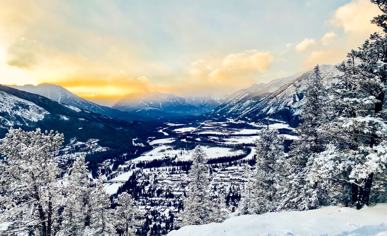 The view from the top of Tunnel Mountain at sunset in Banff National Park.