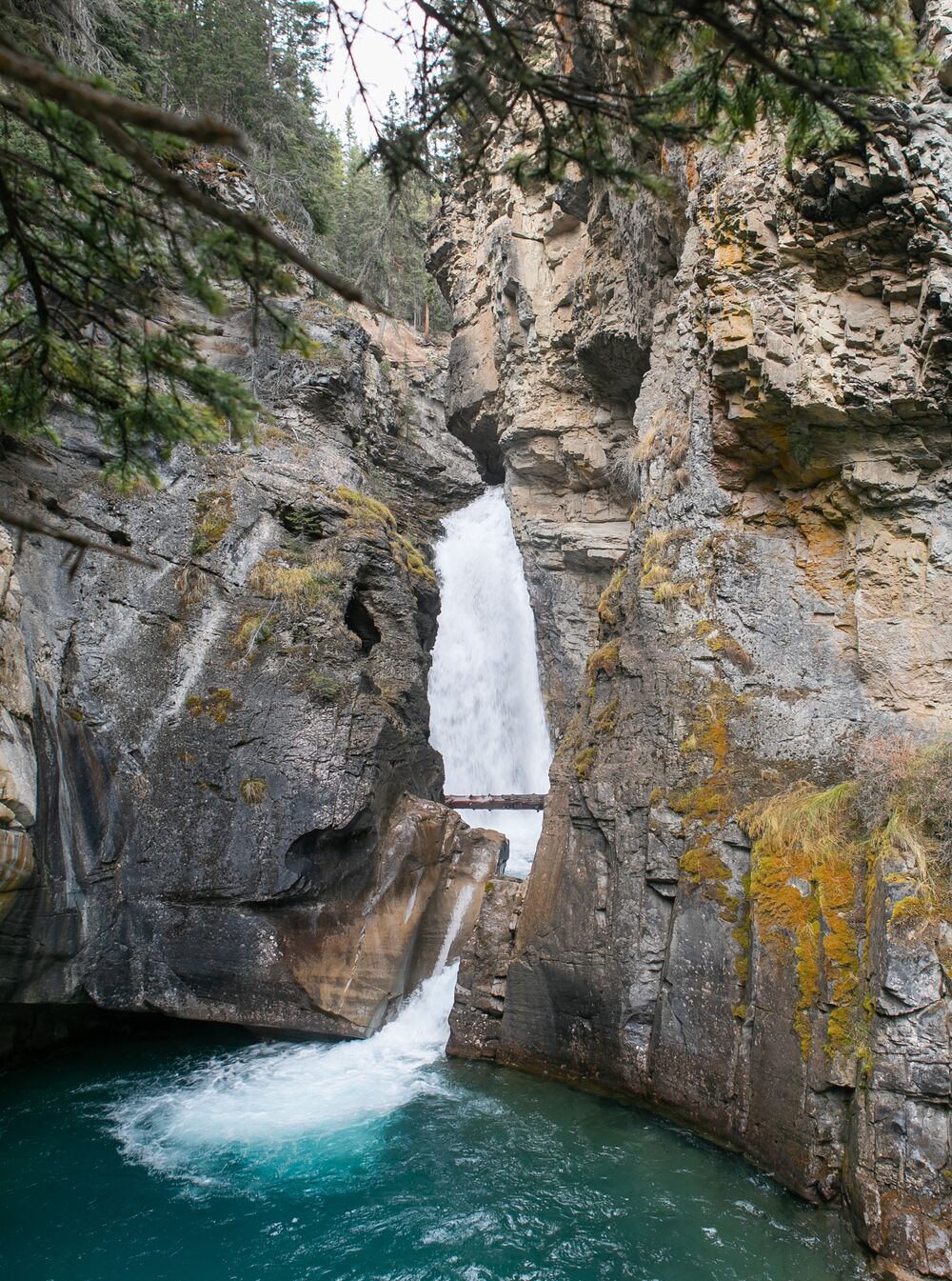 Johnston Canyon lower waterfall on a summer day in Banff National Park.