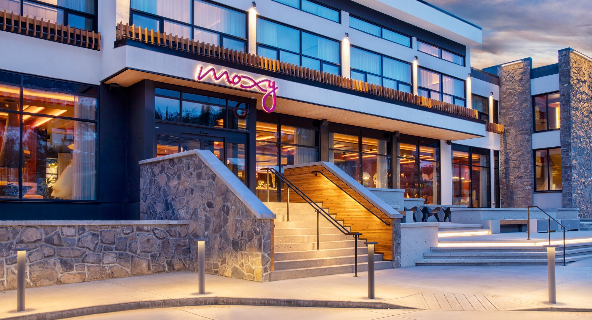 A hotel in Banff named The Moxy Banff, with a retro modern vibe.