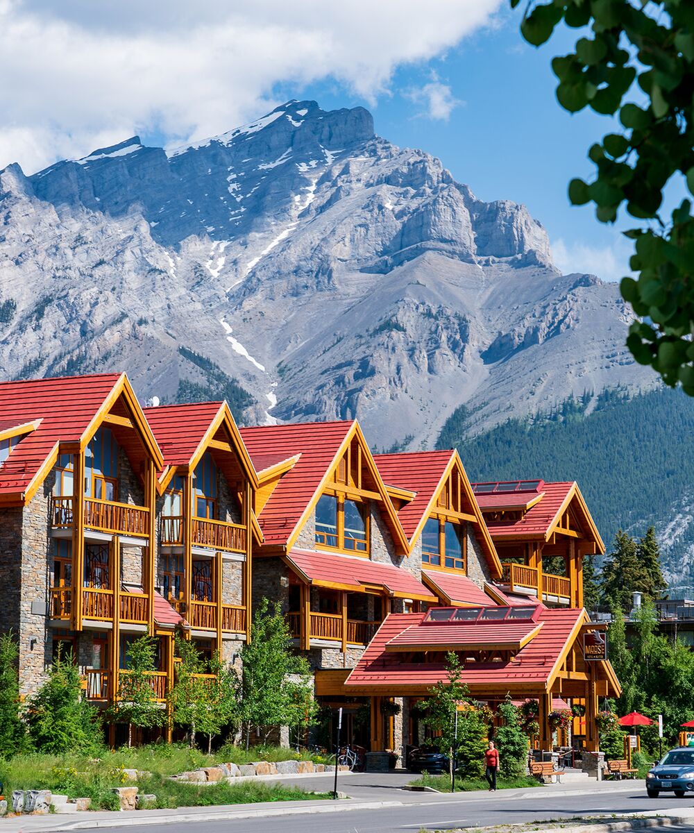 Moose Hotel and Suites in the Town of Banff with Cascade Mountain in the background