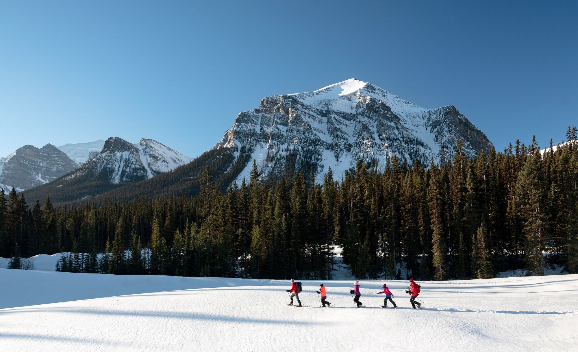 A snowshoe guide brings a group of snowshoers along at the base of Mount Fairview in Lake Louise in Banff National Park.