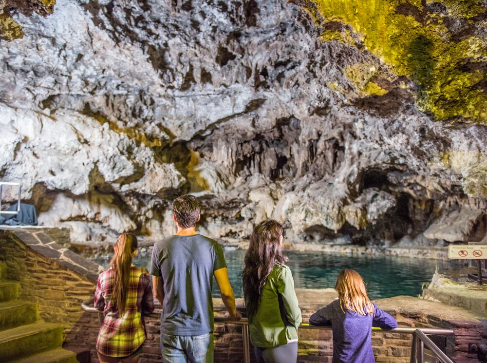 Family of four looking at the spring in the Cave at the Cave & Basin National Historic Site