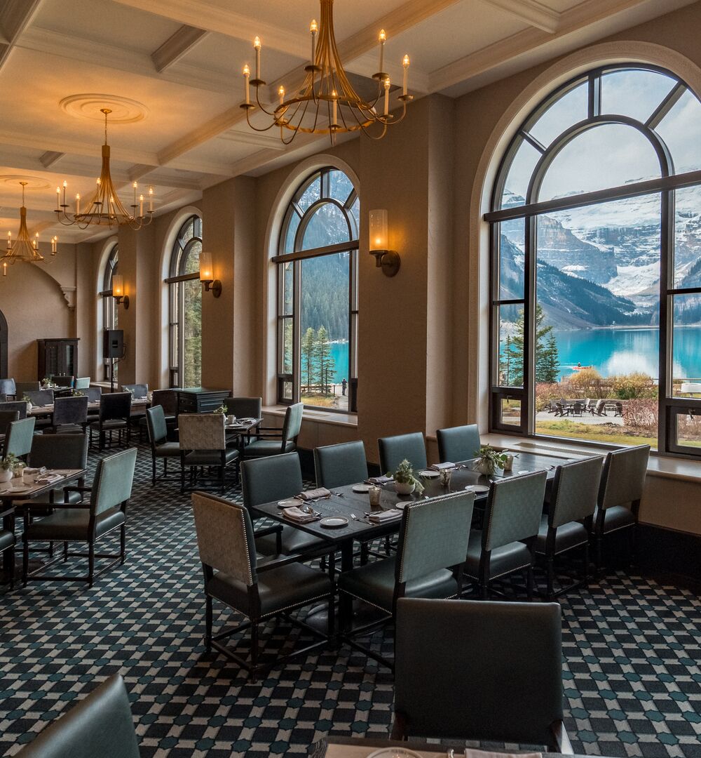 View of the dining area where the Fairmont Chateau Lake Louise afternoon tea is held