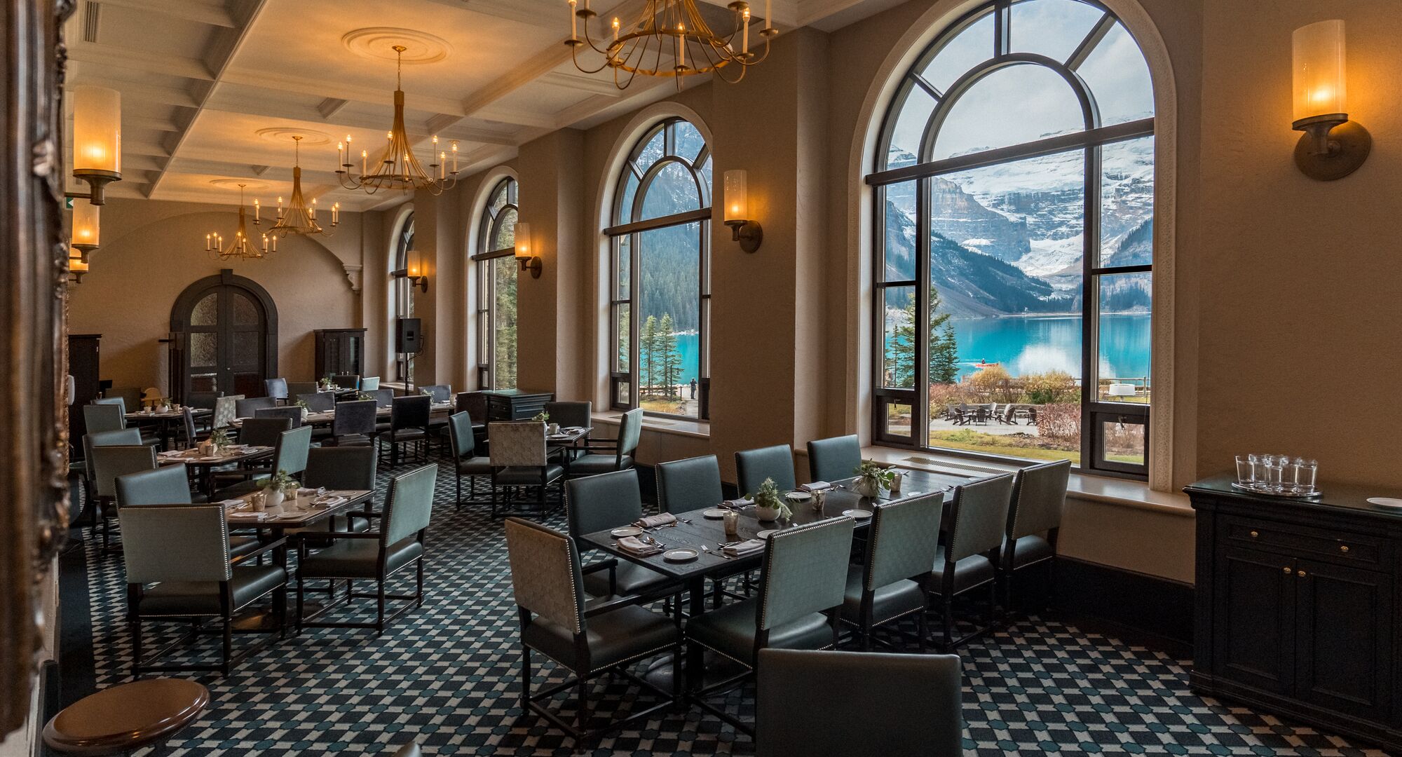 View of the dining area where the Fairmont Chateau Lake Louise afternoon tea is held