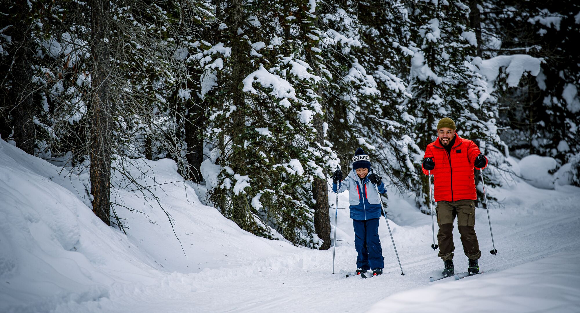 A family cross-country skis in Banff National Park on a snowy winter day
