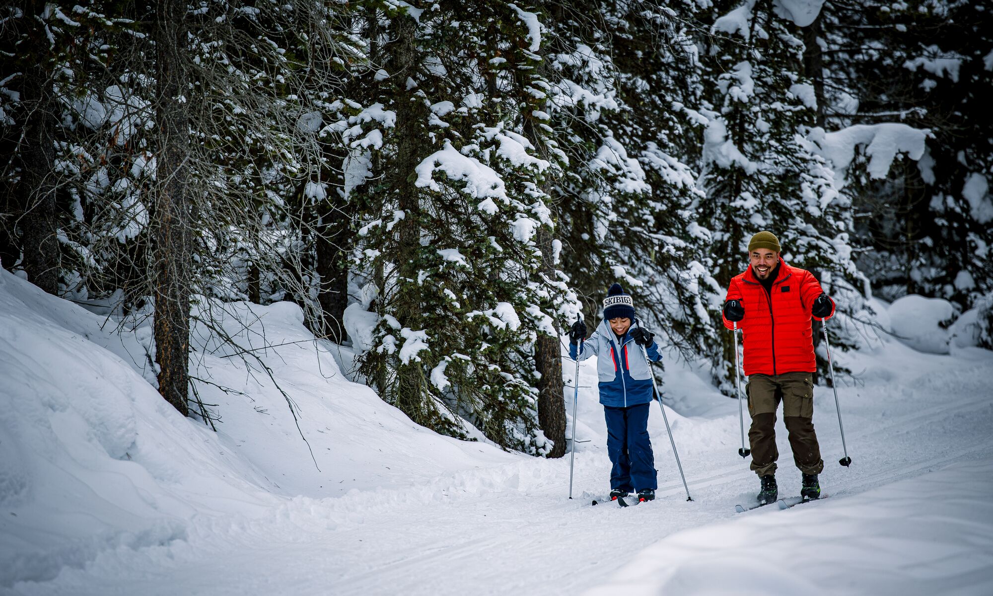 A father and son cross country skiing in Banff National Park in snowy woods.