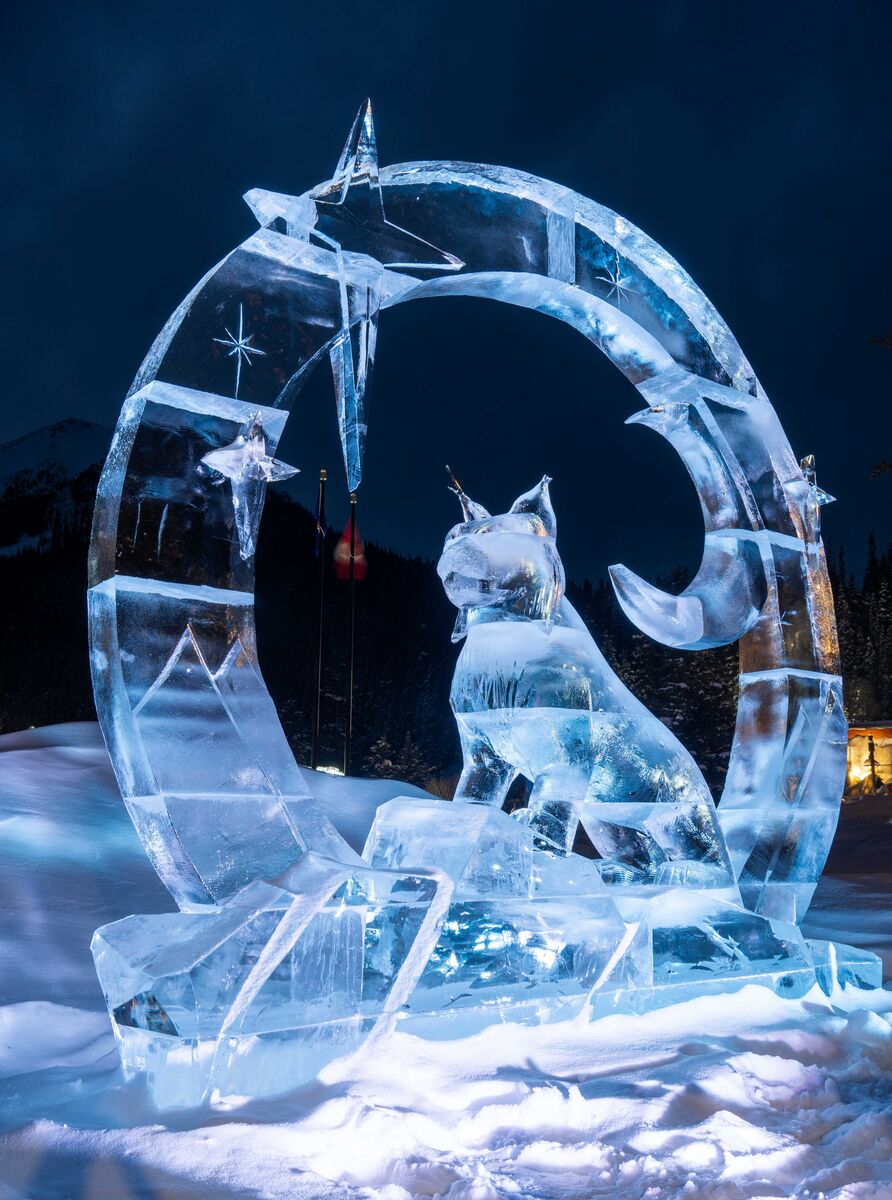 An ice sculpture of a lynx at Lake Louise during Ice Magic.