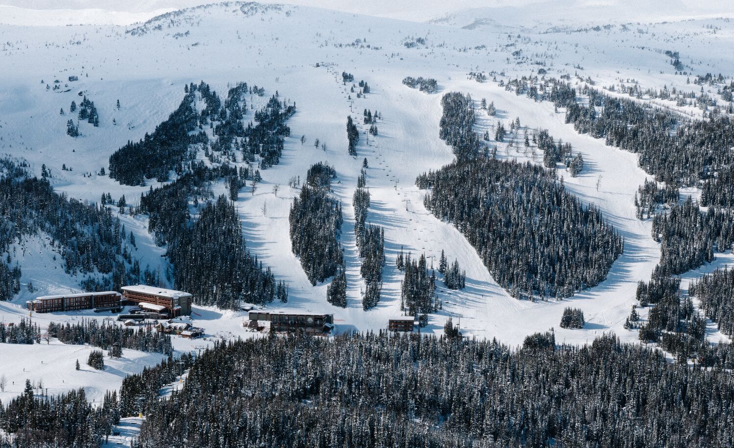 An aerial view of Sunshine Village mountains on a winter day
