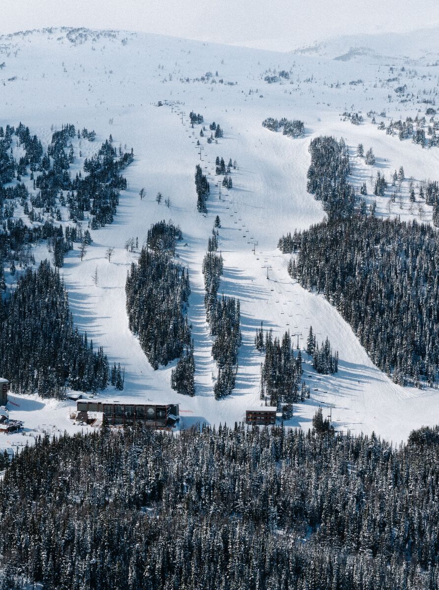 An aerial view of Sunshine Village mountains on a winter day