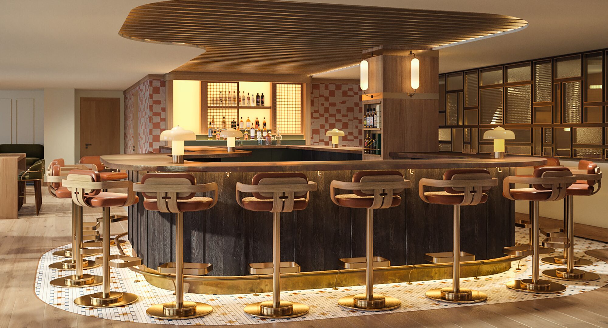 Lobby bar rendering of Social at Rimrock Banff, Emblems Collection showcasing elegant alpine interiors and a sophisticated gathering space.