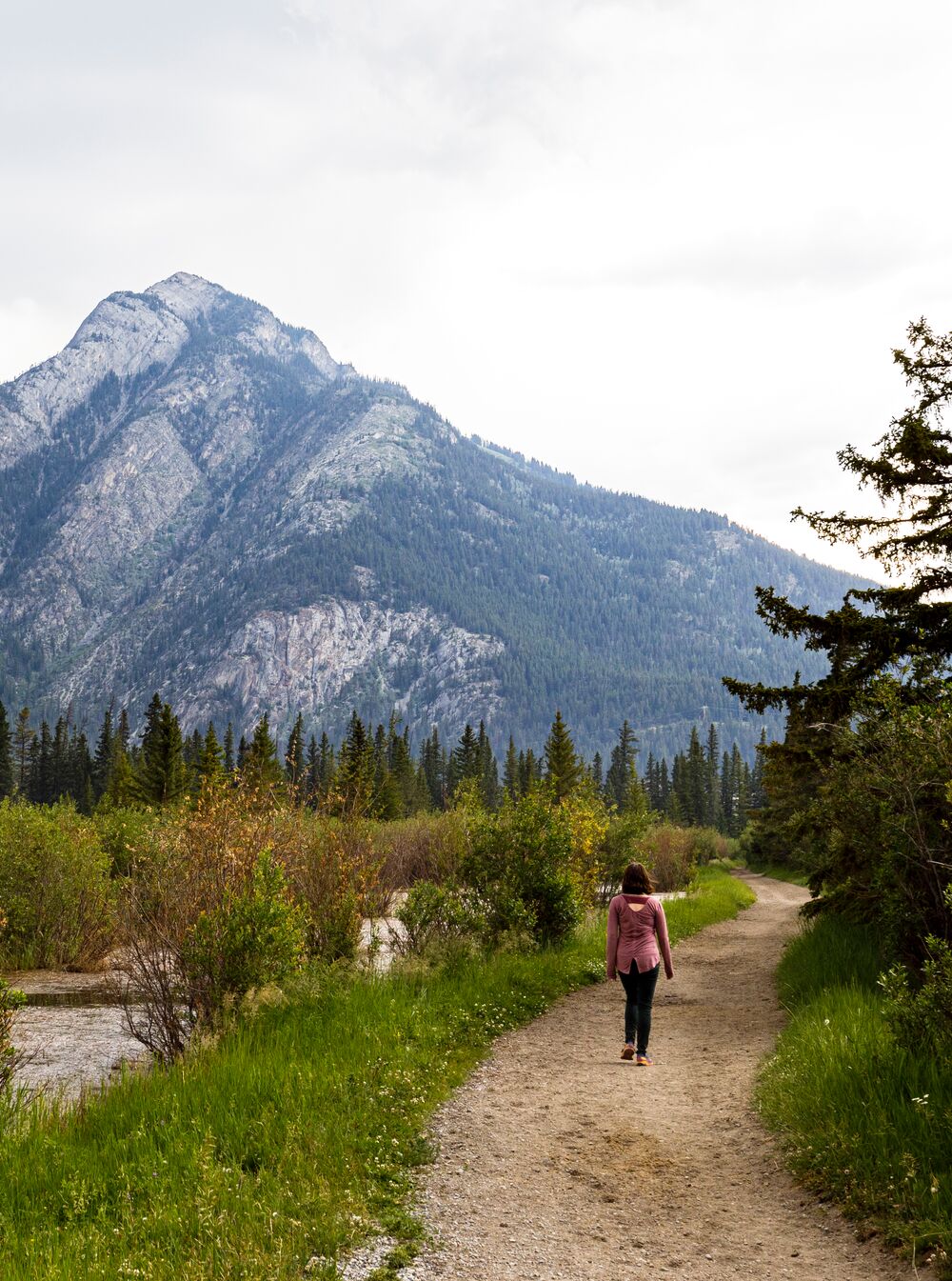 A woman walks on Marsh Loop looking at Mt. Norquay in the spring in Banff National Park.