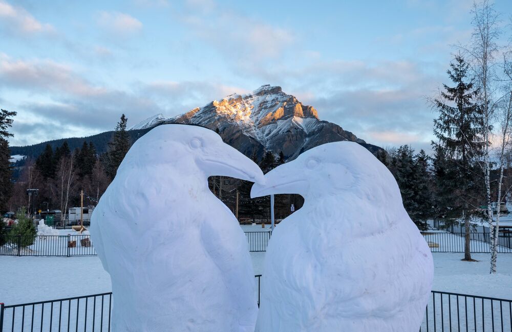 Snow sculpture of two kissing ravens in Central Park in the Banff townsite in Banff National Park