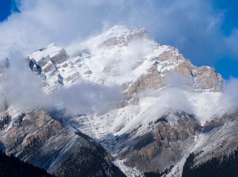 Cascade Mountain shroud in clouds in the winter